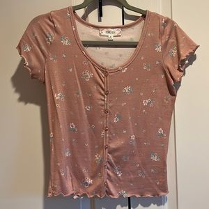 PINK ROSE Size S Pink Floral Button Top Ruffled Trim